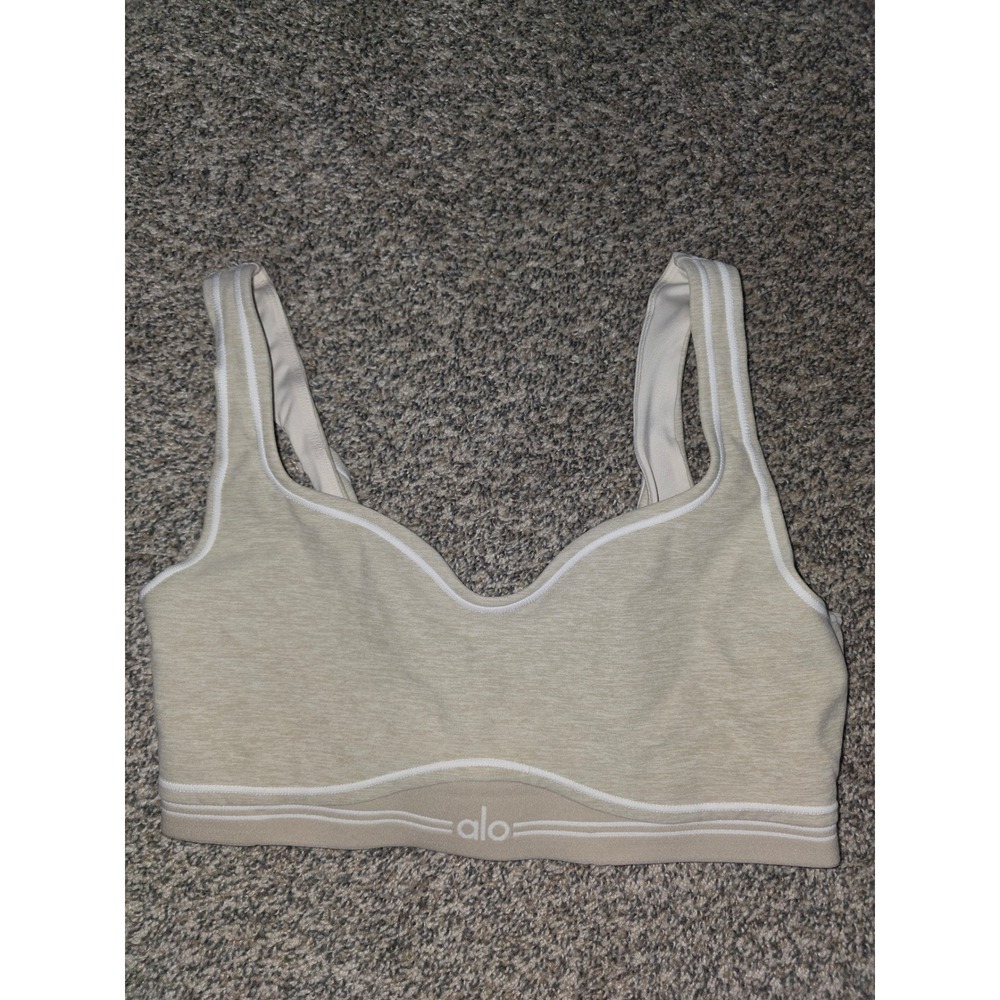 Alo Yoga Women Oatmeal Heather Beige Contrast Piping Sports Bra Size M